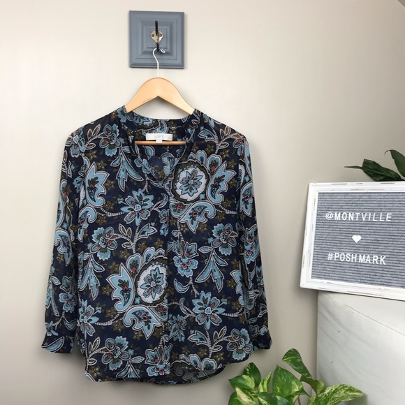 LOFT Tops - LOFT Petites Blue Sheer Paisley XS Popover Blouse